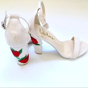 Lulu’s Nude Suede Embroidered Ankle Strap Heels